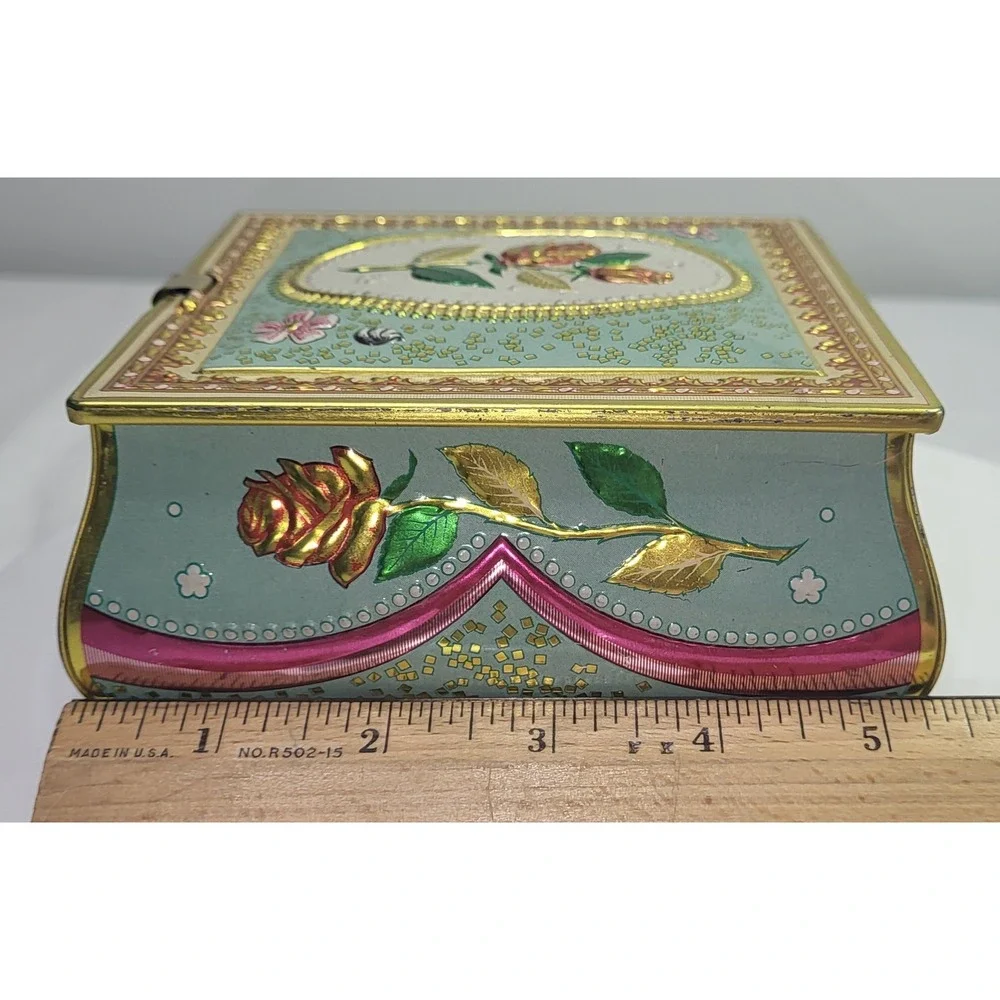 Trinket Box Teal Gold Embossed Rose Metal Tin Vintage Victorian Cottagecore